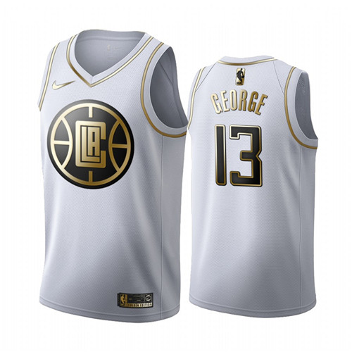 Men's Los Angeles Clippers #13 Paul George White NBA 2019 Golden Edition Stitched Jersey